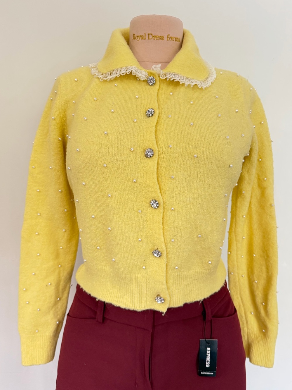 Zara -Yellow Pearl-Embellished Sweater Cardigan Medium